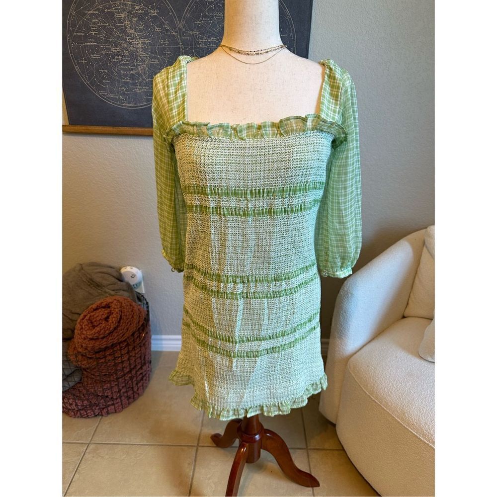 Capulet Revolve Siobhan Green Gingham Smocked Long‎ Sleeve Mini Dress Size XL